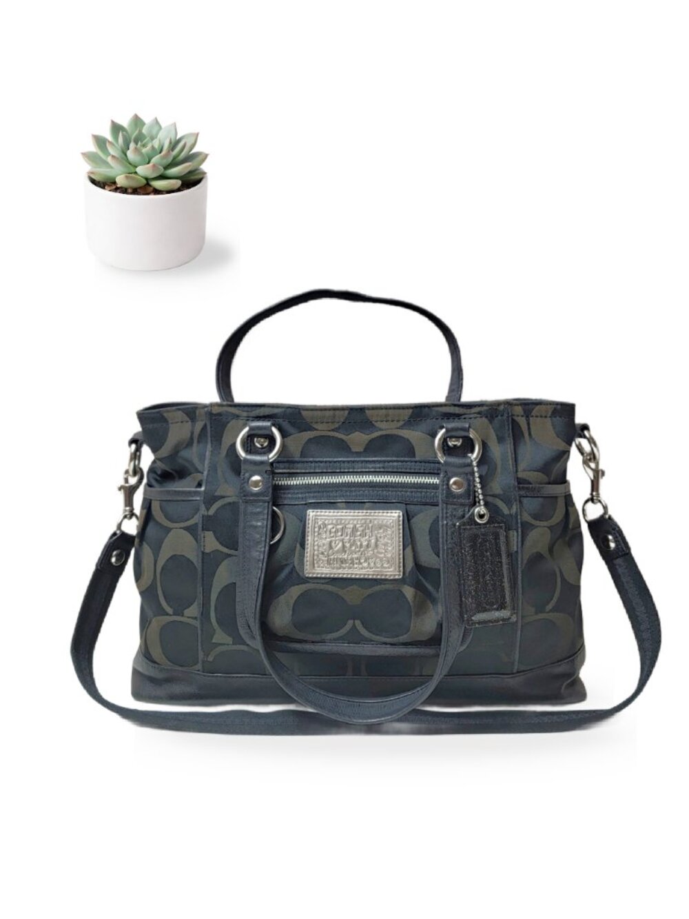 Coach Poppy Signature Sateen Book Tote Black Pewter Crossbody Shoulder Bag 14364